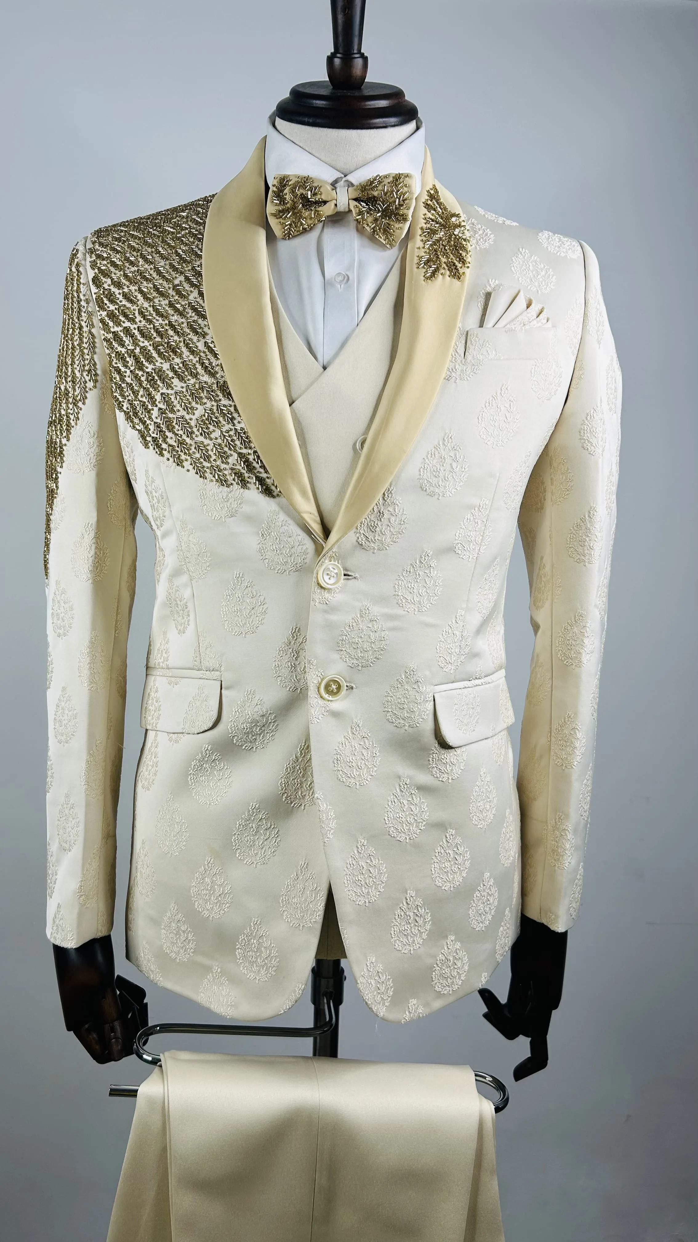 Beige with Gold Embroidery Tuxedo - EMS