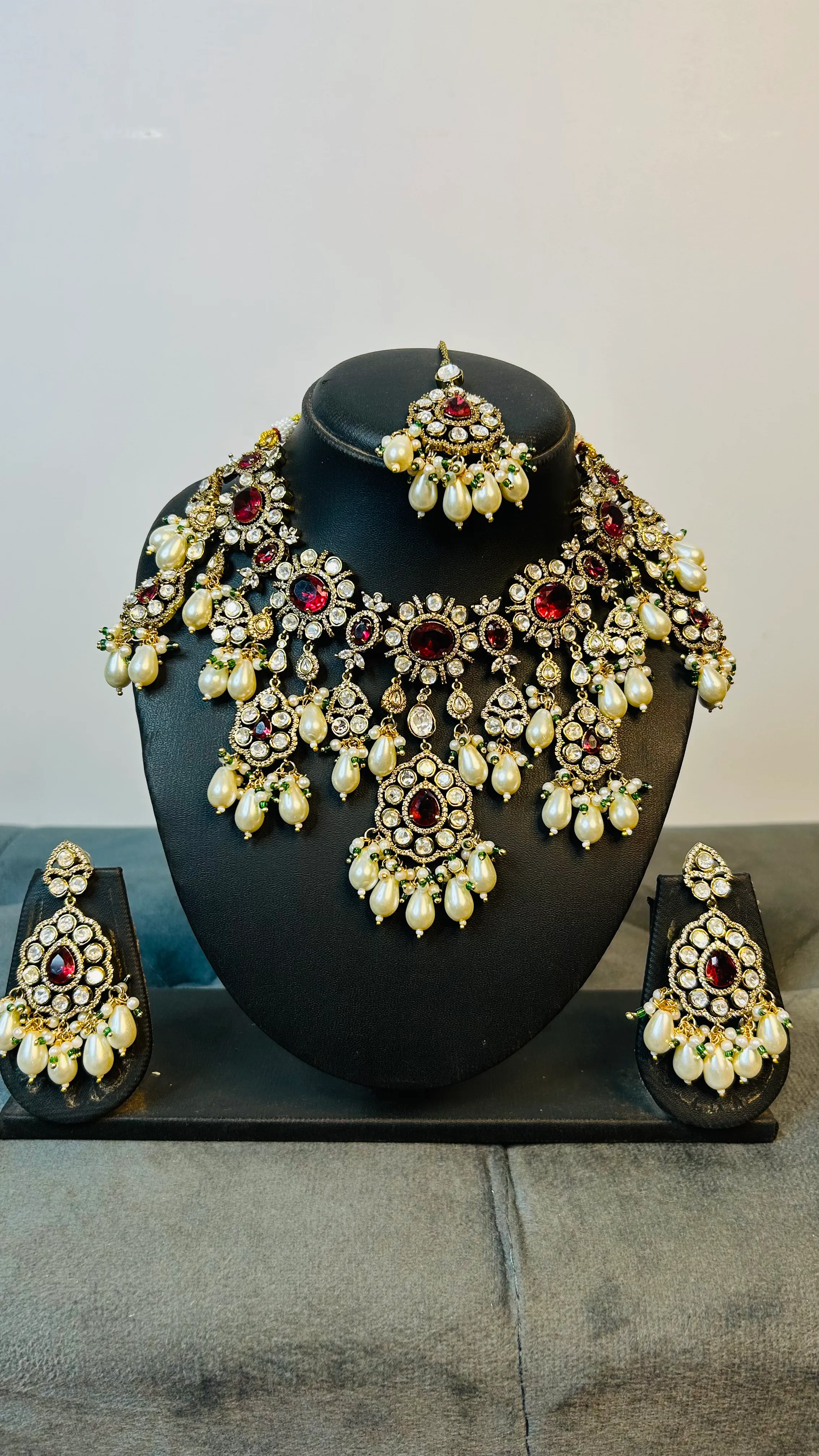 Red Jaipuri Kundan Necklace Set - K0006