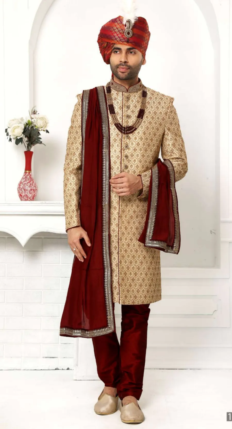 Beige Embroidered Silk Sherwani - EMS