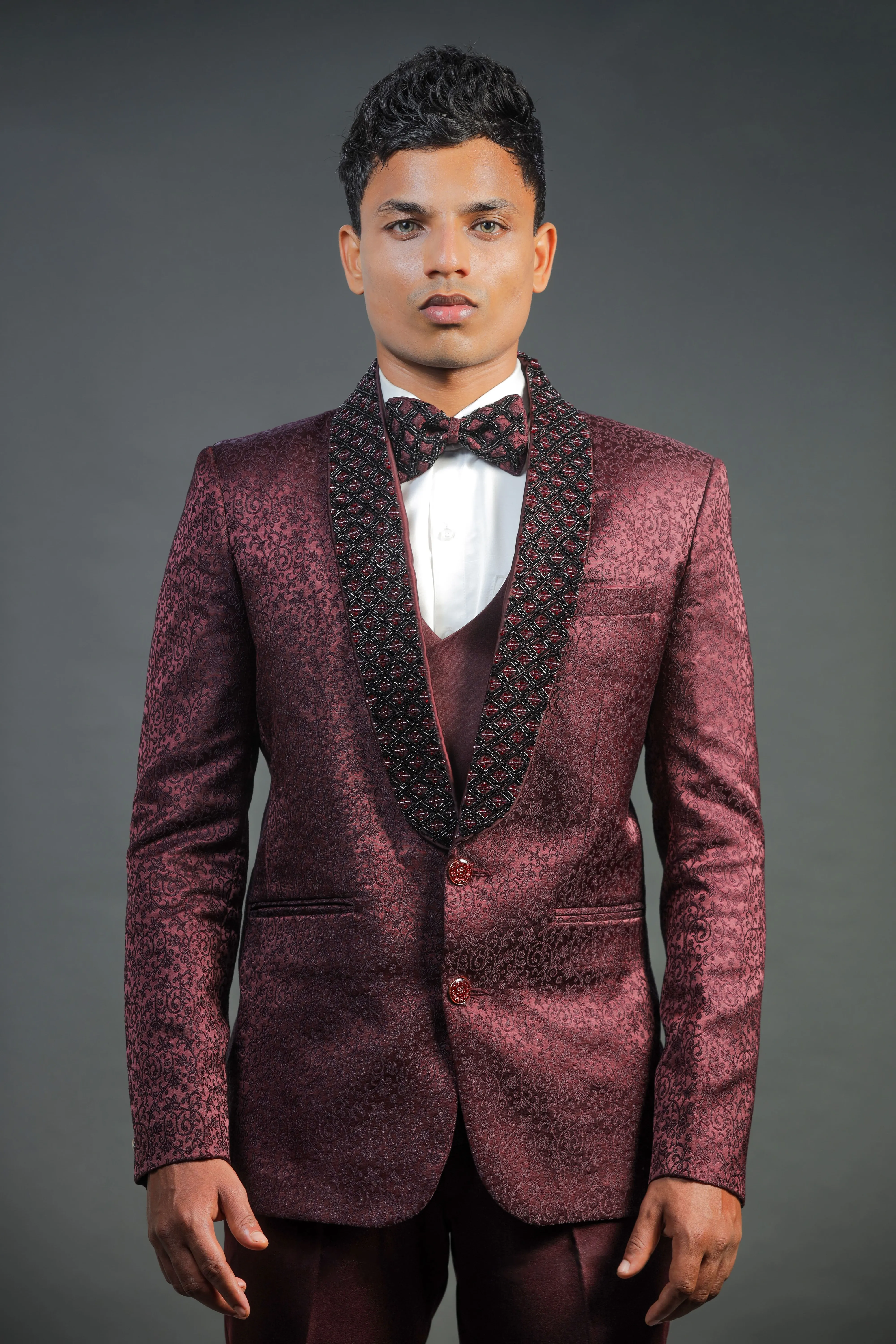 Wine Tuxedo Lapel Embroidery - EMS
