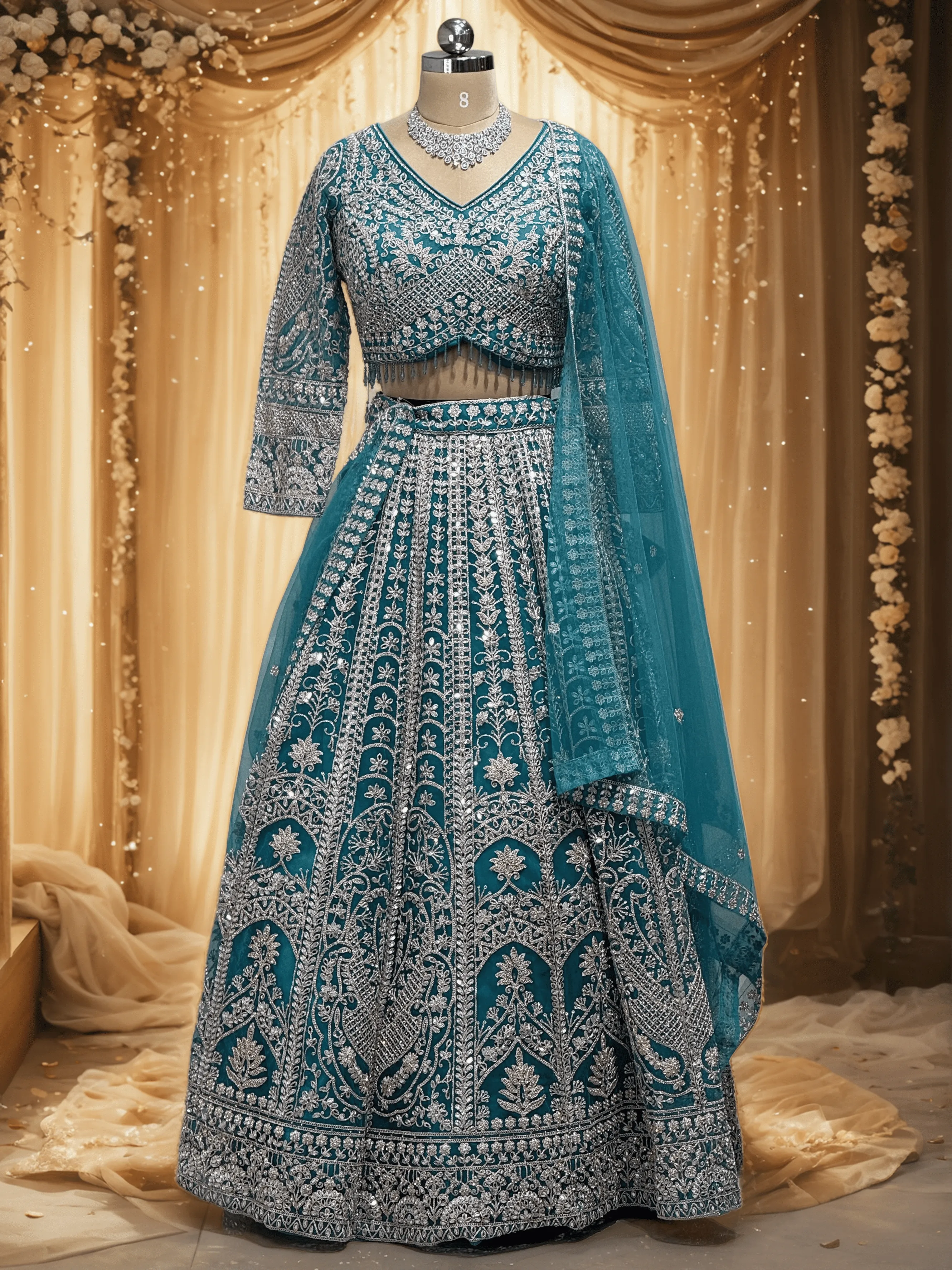 Ocean Blue Glass work Bridal Lehenga - L0073 - GRW
