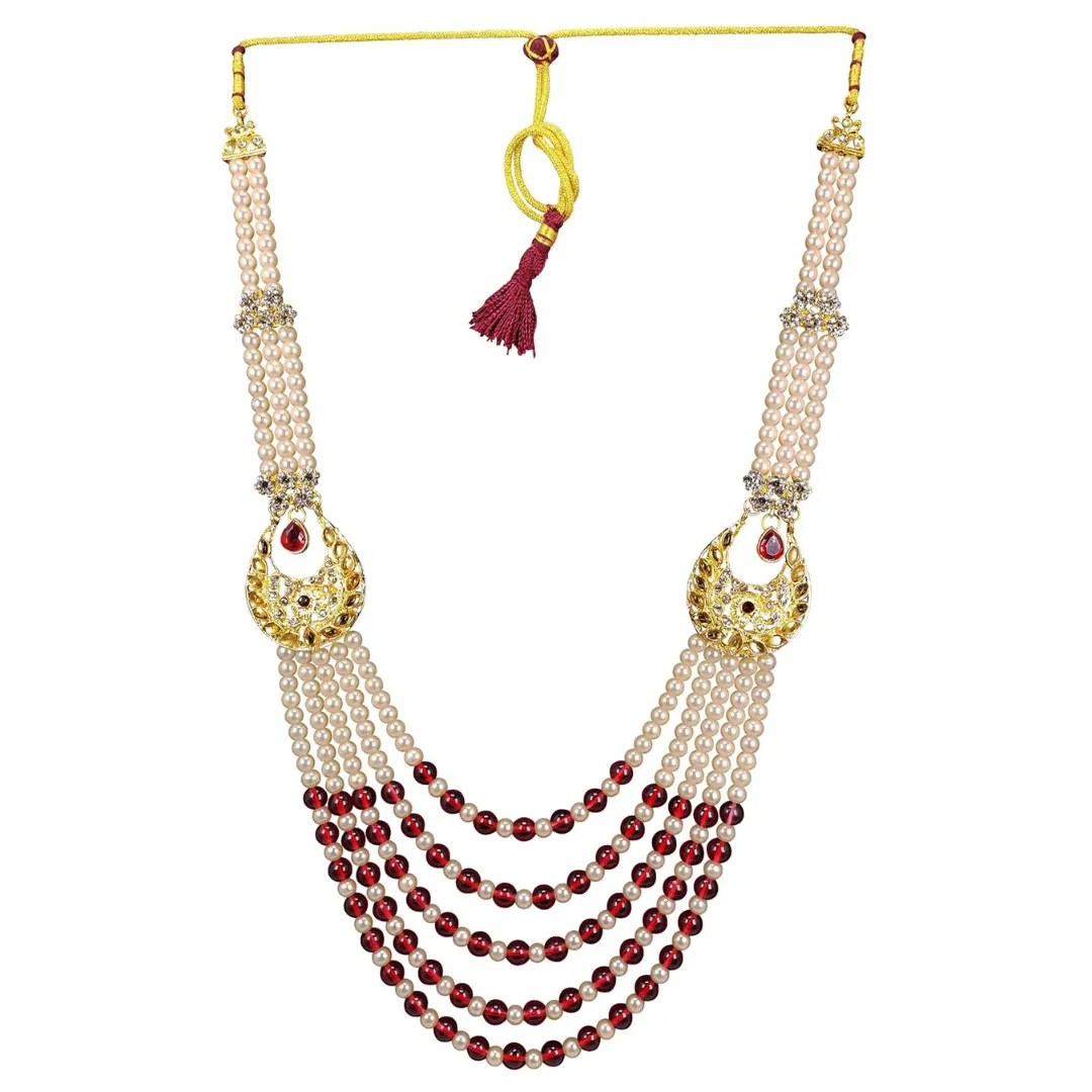 Five Line Long Maroon Pearls Mala for Men