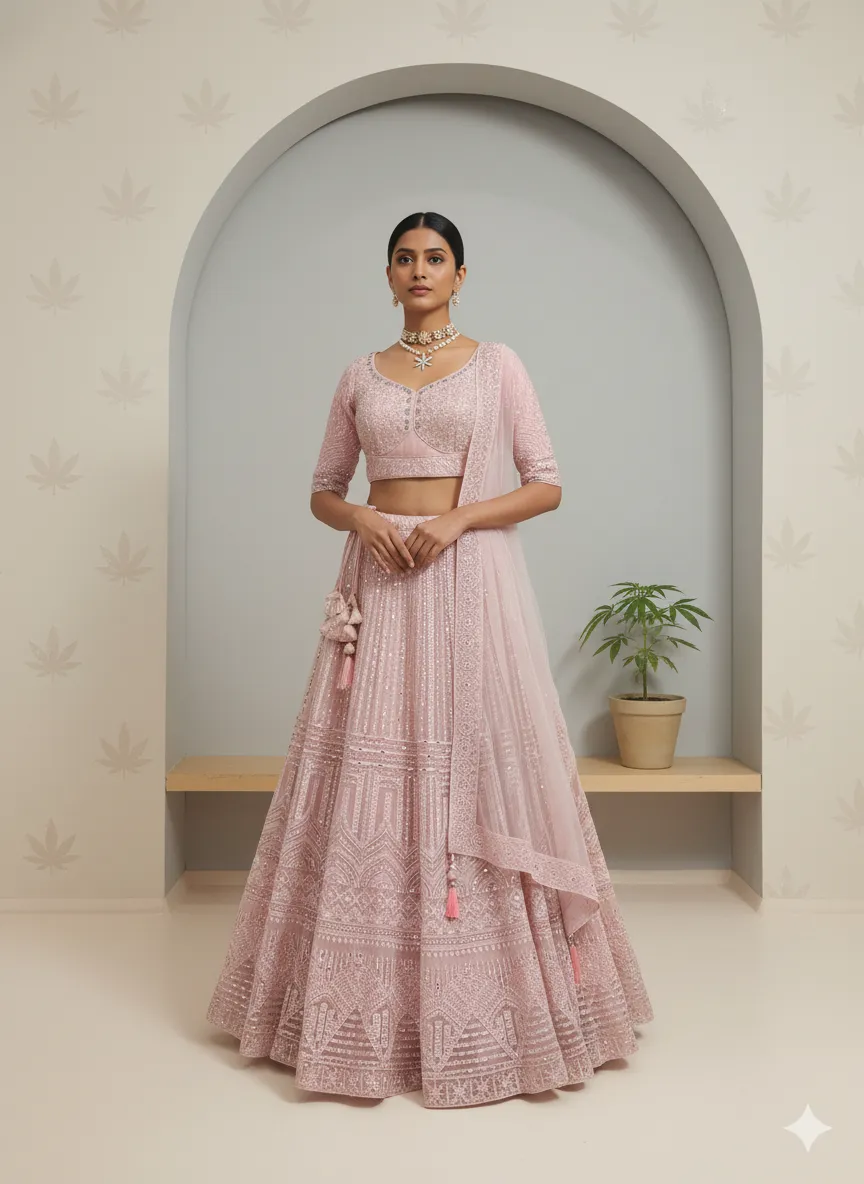 Baby Pink Mirror Work Wedding Lehenga