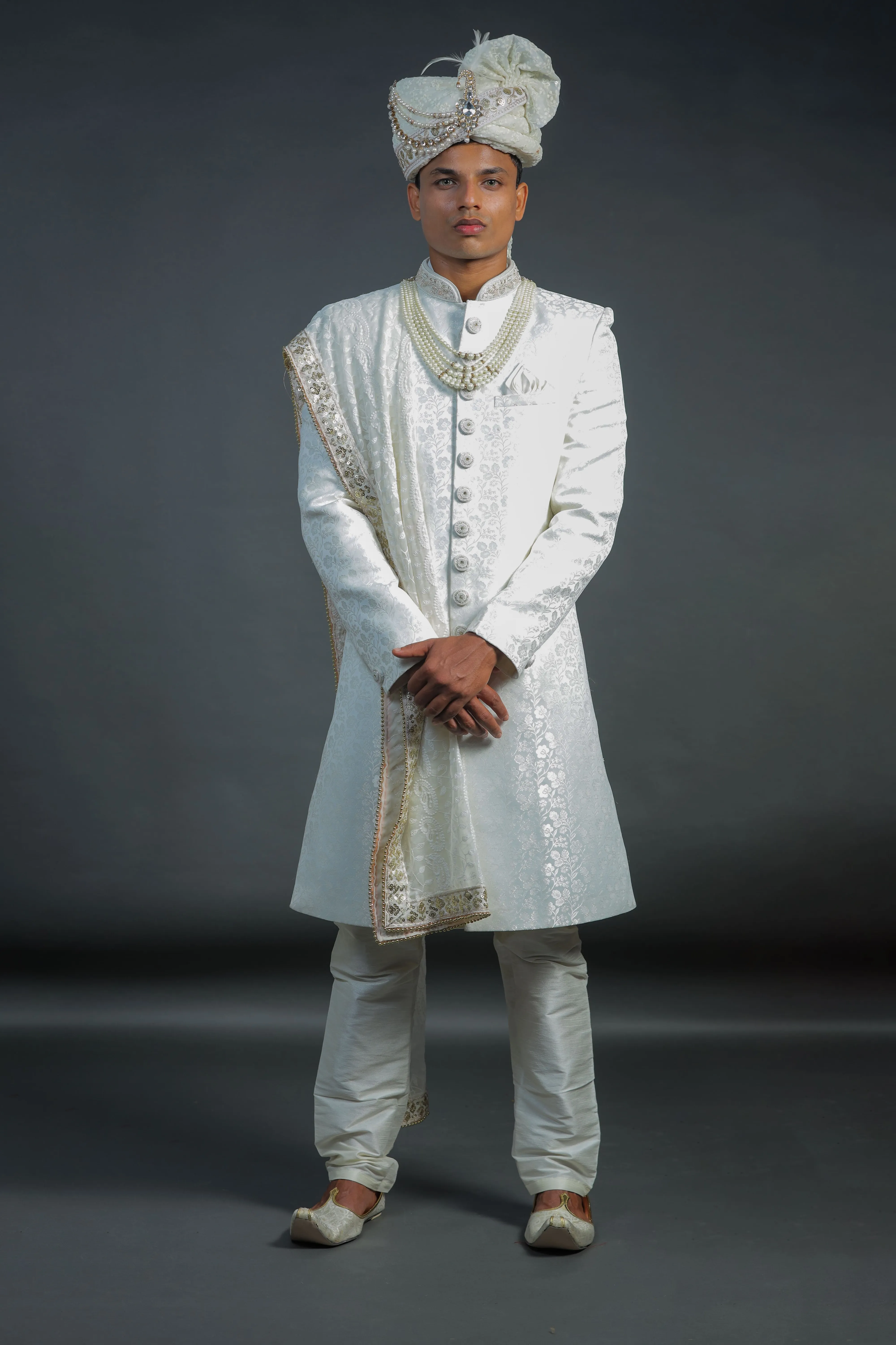 White Jacquard Embroidered Sherwani - EMS