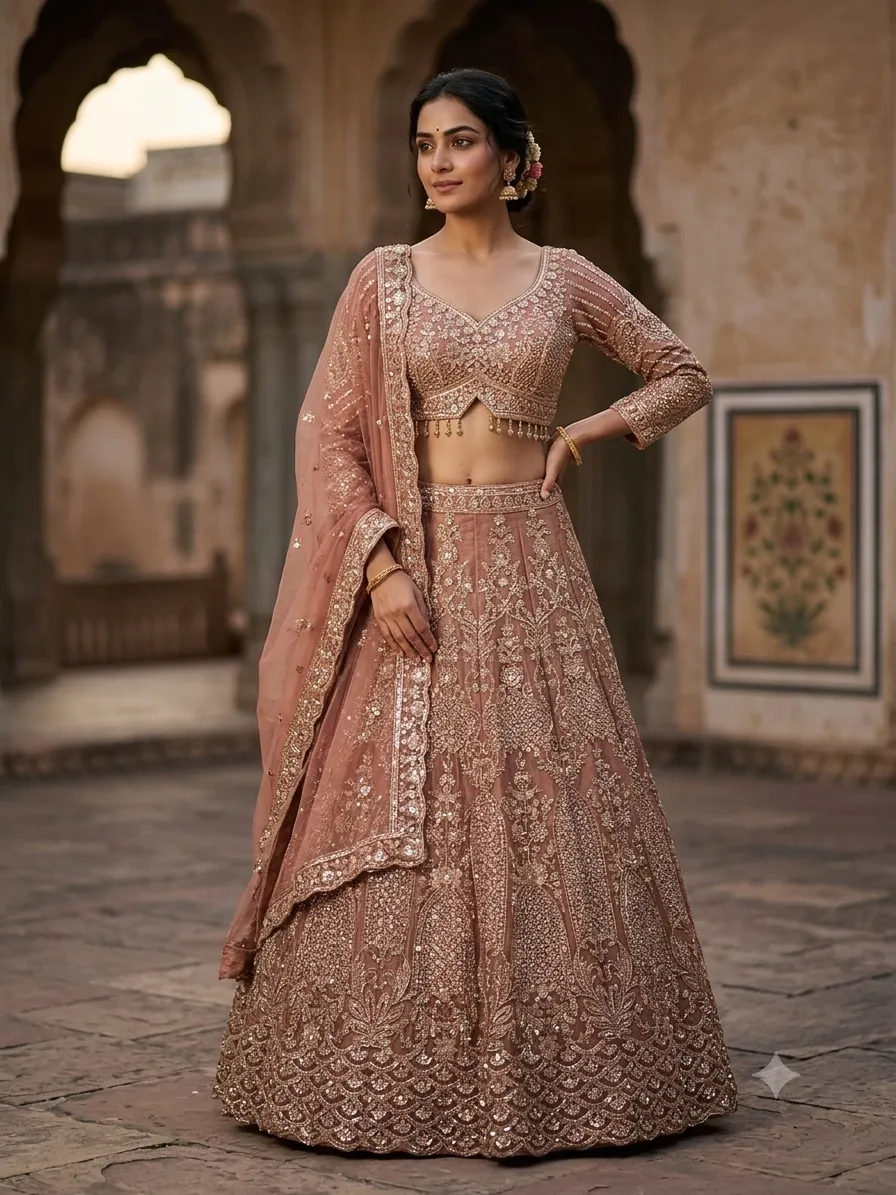 Rose Gold Floral Bridal Lehenga L6099 - GRW