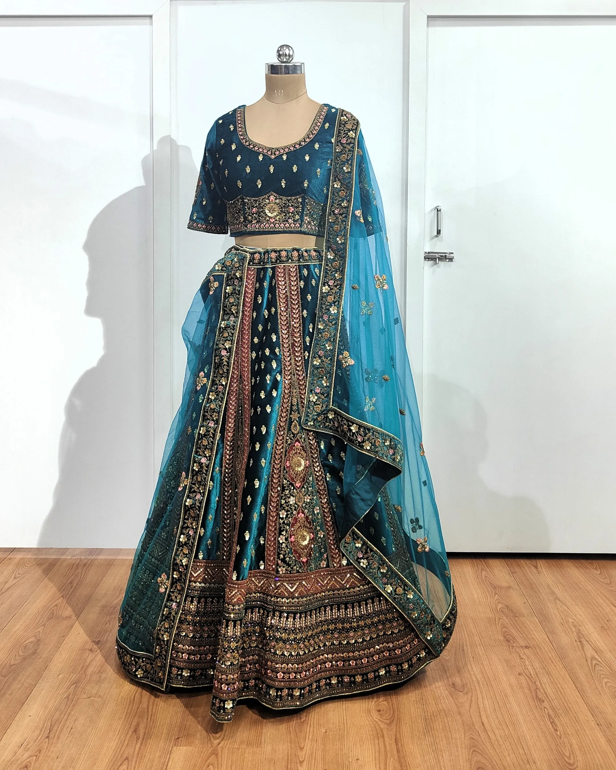 Green Floral Double Shawl Lehenga - GRW - L6036