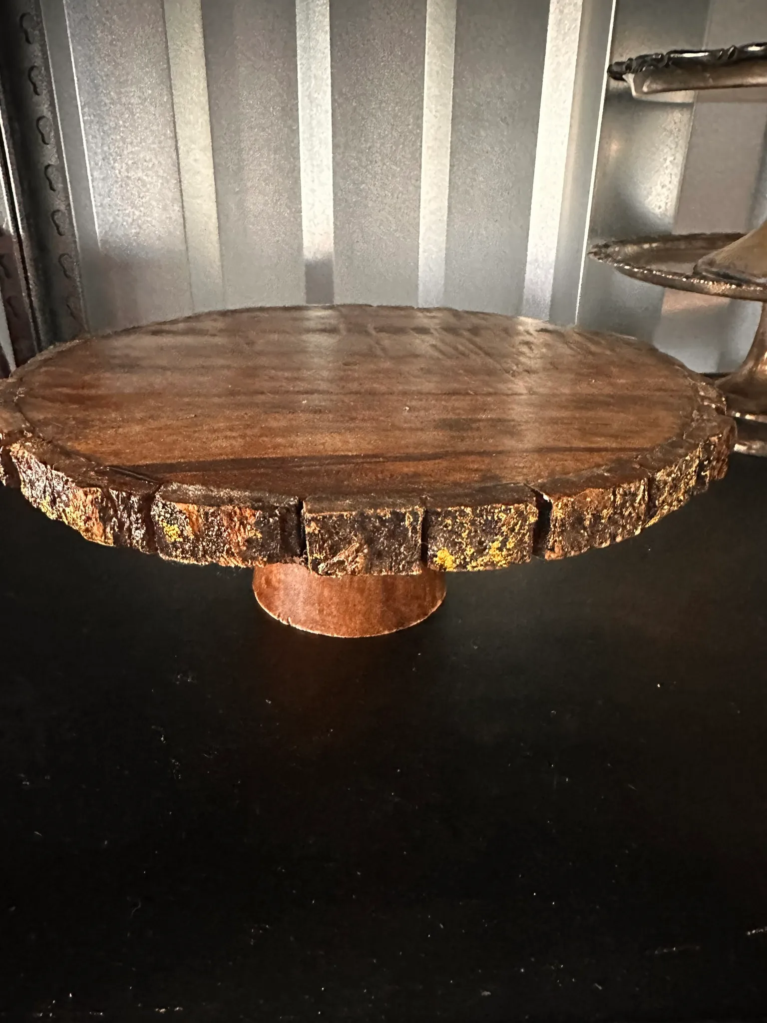 Wood Live edge cake stand with gold trim