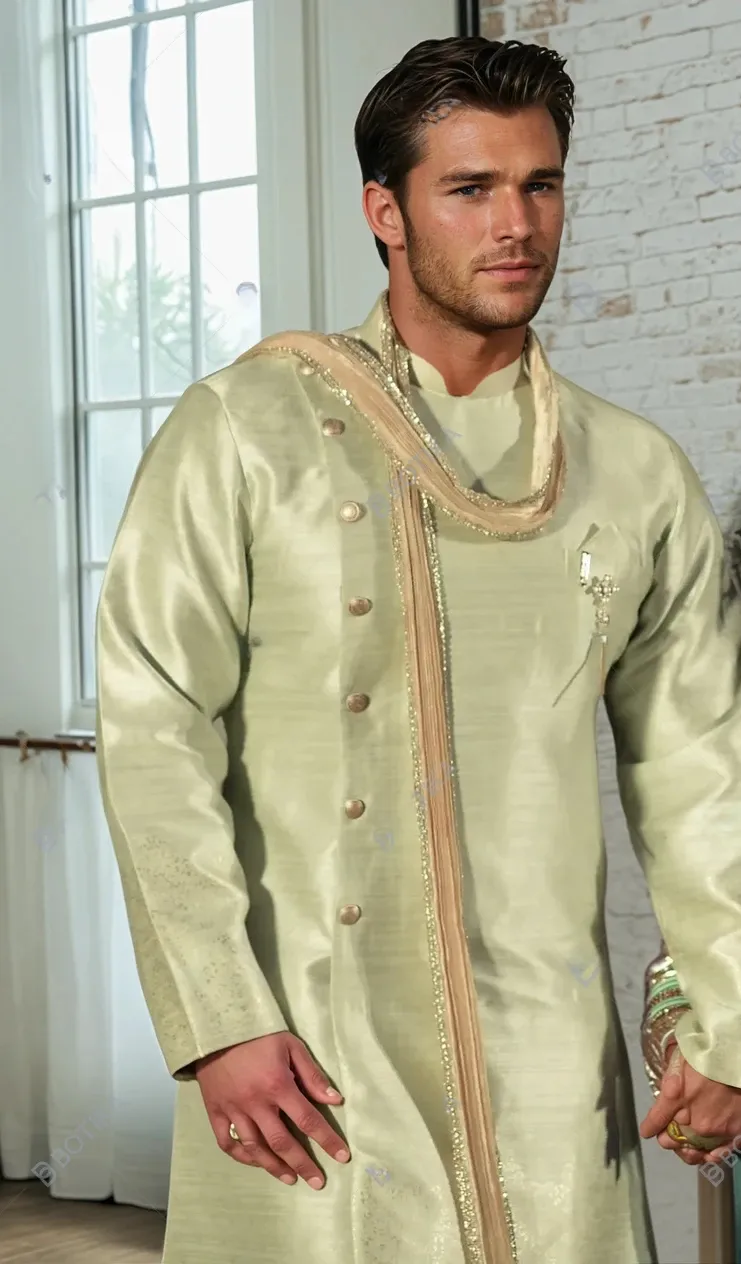 Mens Sage Green Sherwani Set