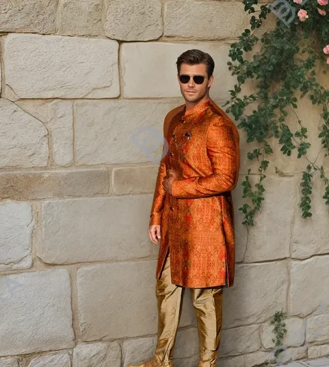 Men's Orange Sherwani Set 