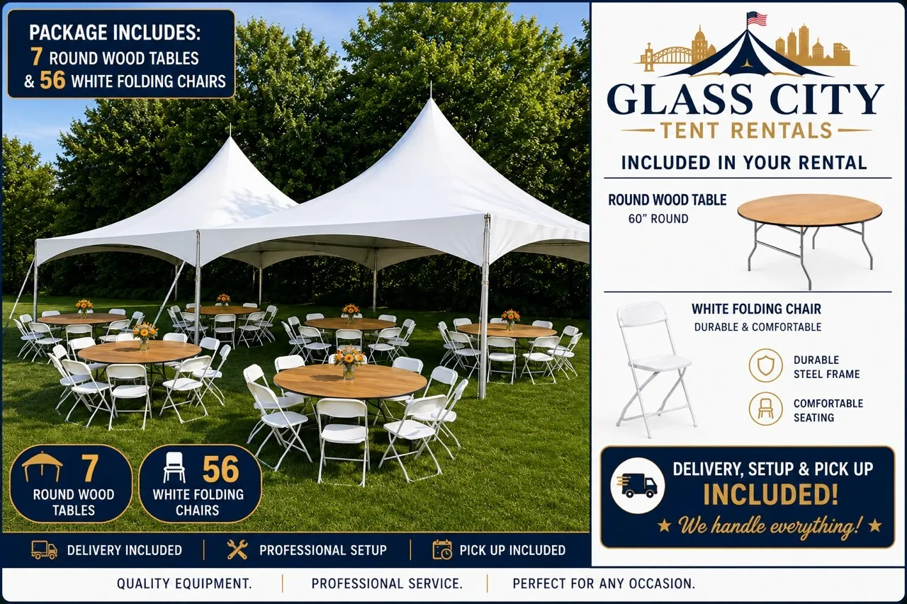 20'X40' Tent Party Package (Chairs, tables, tent, Delivery/setup/Takedown)