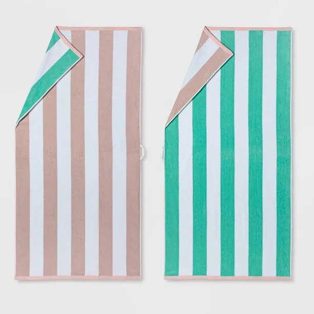 Green & Pink Striped Beach Towels - Set of 2
