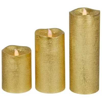  LED Brushed Flameless Christmas Pillar Candles - 8" - Gold Finish - Set of 3