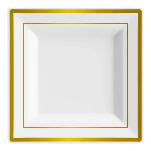 Square White Plastic Plate with Gold Bands - Set of 7