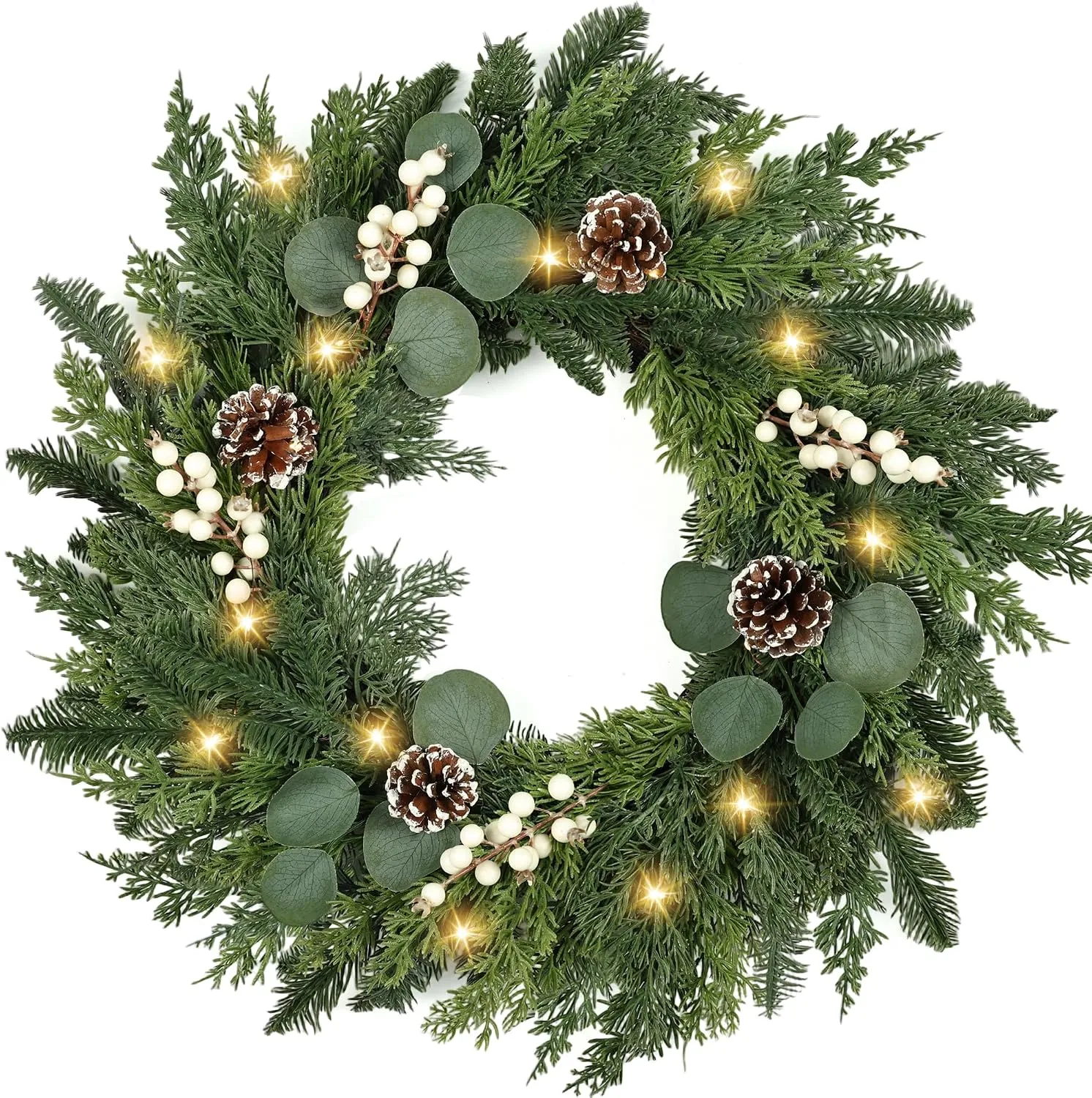 24" Pre-Lit Artificial Christmas Wreath with White Berries/Pine Cone