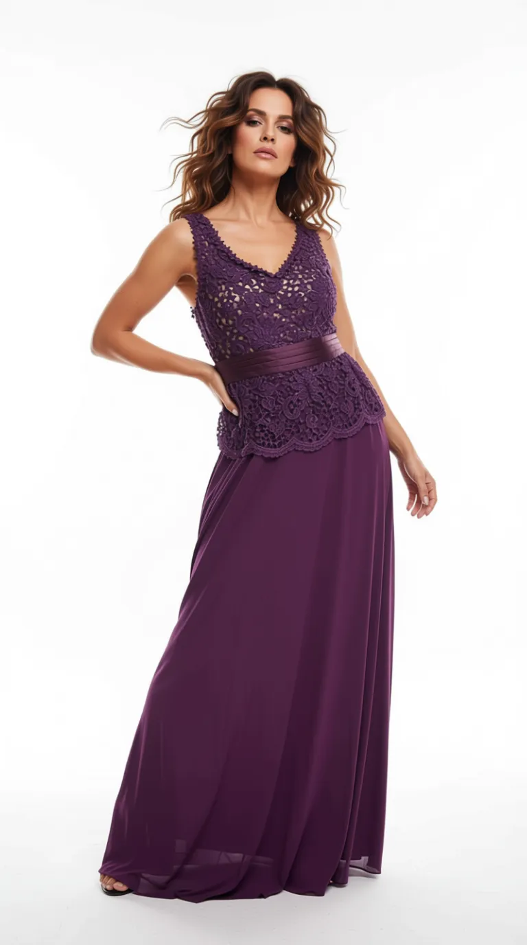 Vestido Morado Uva de Encaje con Falda Maxi de Gasa y Cinturón Satinado