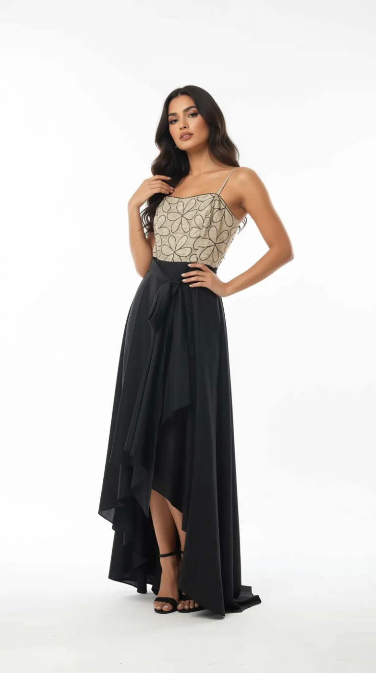 Vestido Bicolor Top Dorado Bordado y Falda Negra Asimétrica con Moño en Cintura