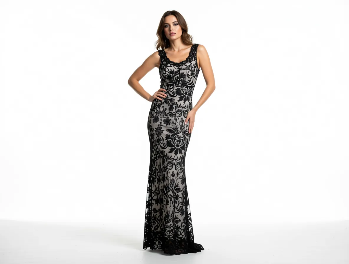 A504 Vestido Negro Maxi de Encaje con Escote Redondo y Transparencia