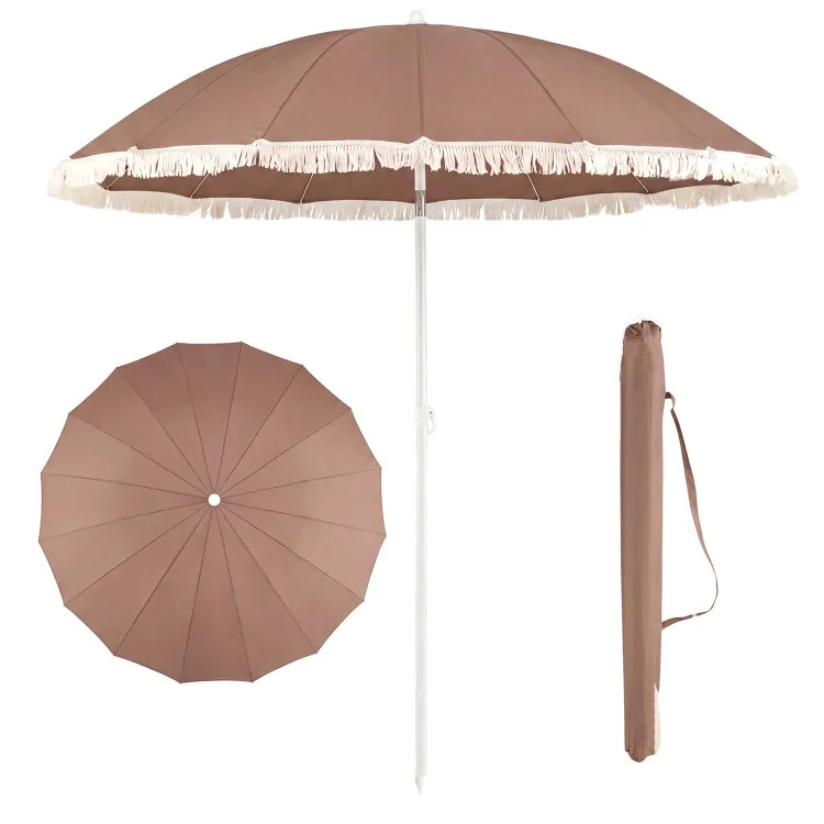 Brown 7-ft Boho Fringe Beach Umbrella