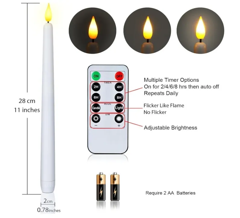 Candle - Taper LED Flameless, White 11" w/remote