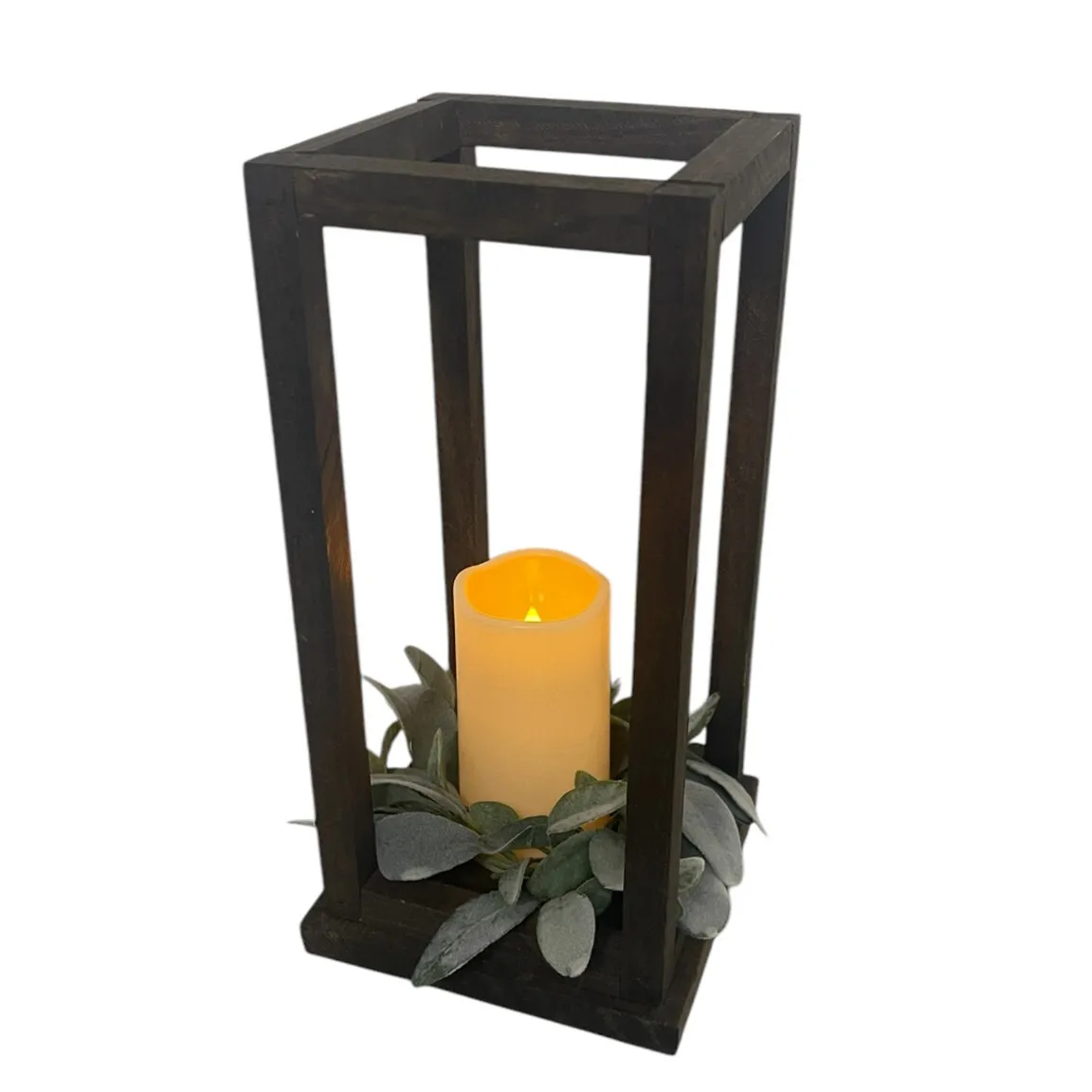 Centerpiece - Wood Lantern with Greenery & Pillar Candle