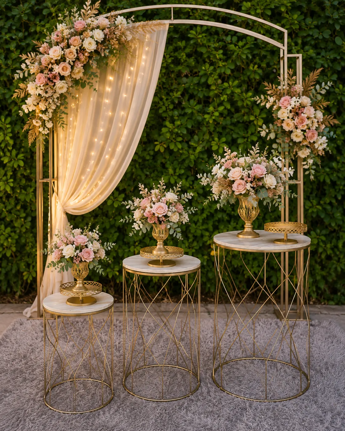 Kit - Arco entrada corredor backdrop com mesas e arranjos