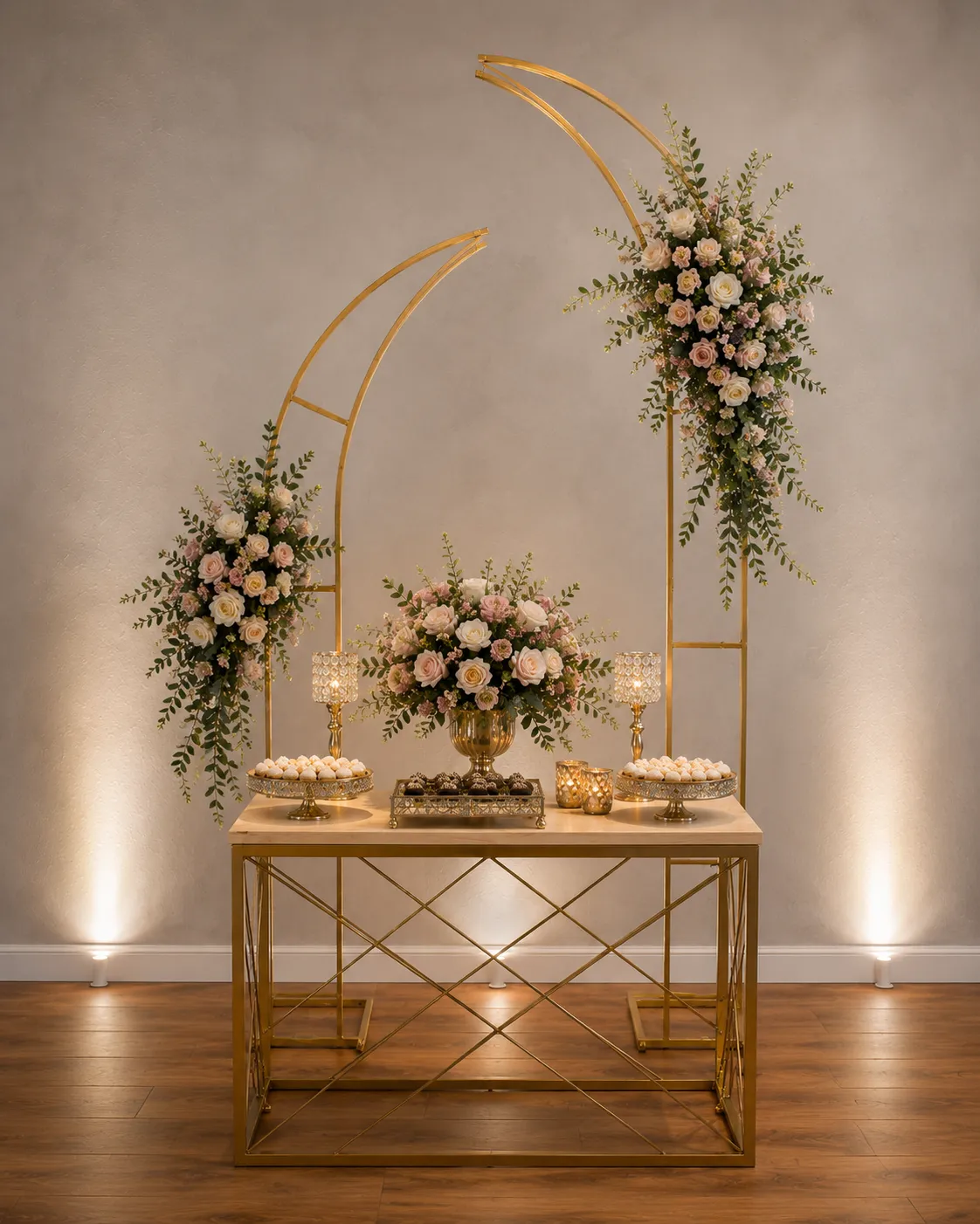 Kit - Painel arco duplo com flores e mesa retangular
