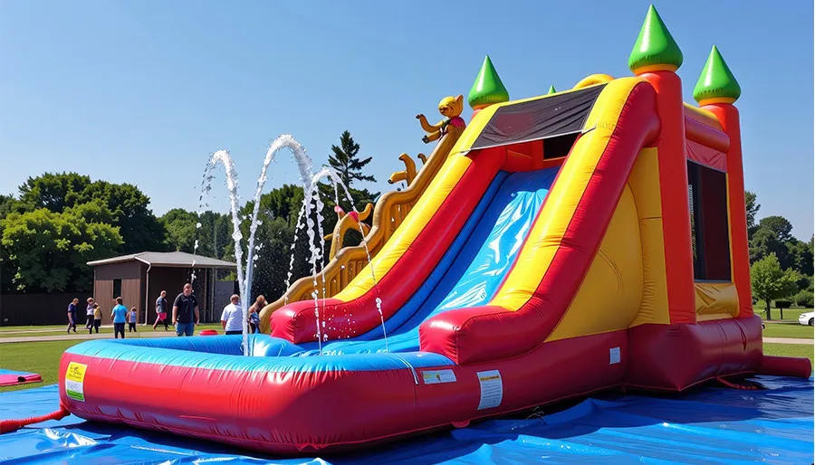 Colorful bounce house and inflatable water slide rental setup for outdoor party