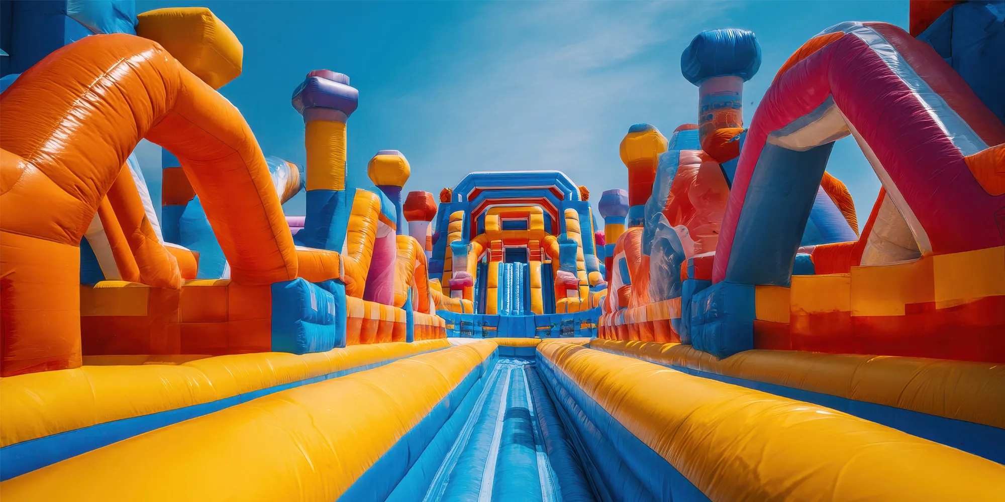 Colorful inflatable bounce houses and water slides designed for backyard birthday parties and family events.