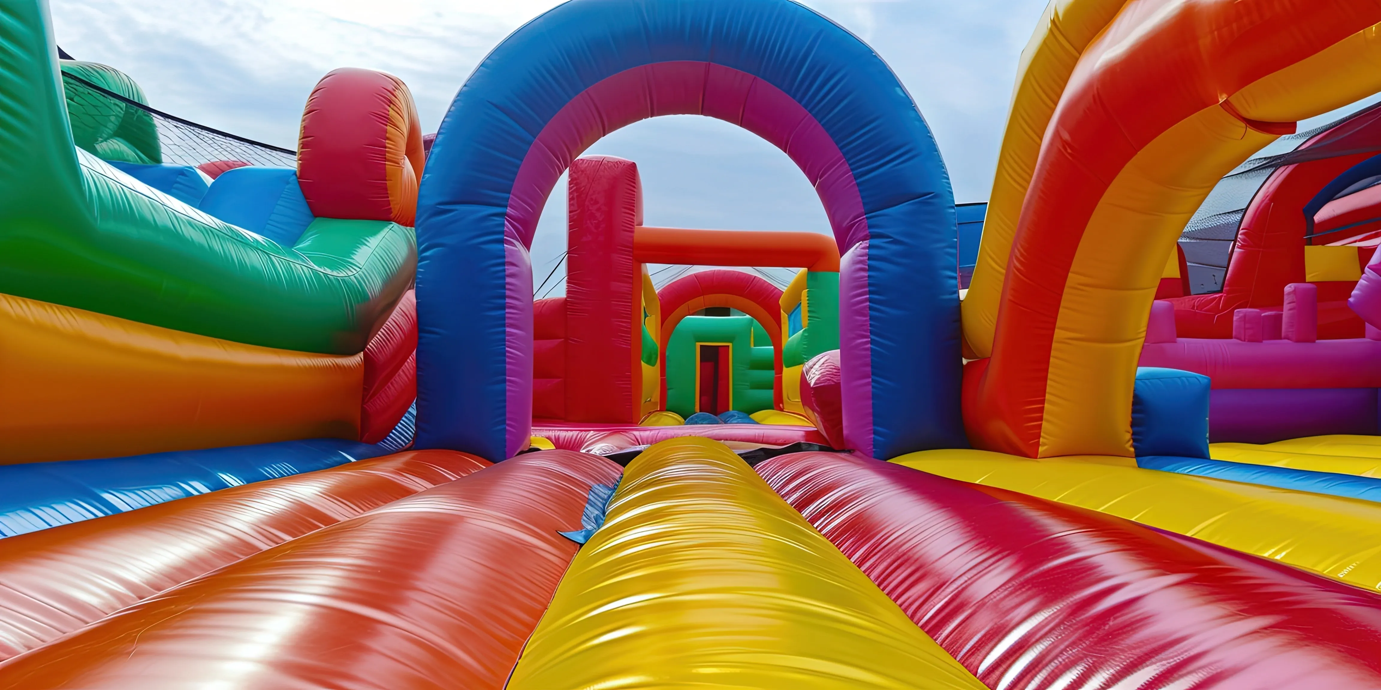 Colorful inflatable bounce house obstacle course used for party rental inspiration in Marietta, GA.