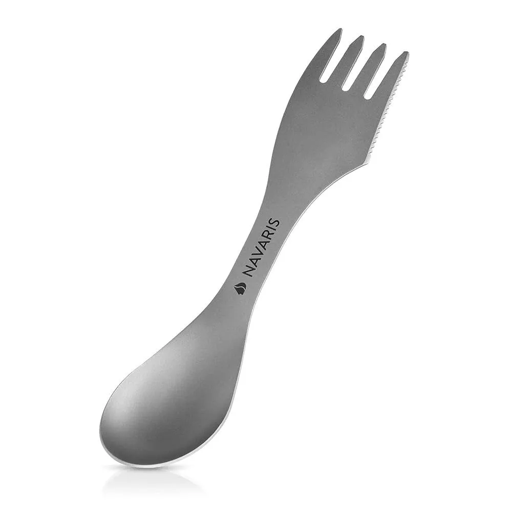 Cuillere, couteau, fourchette 3 en 1 ultra-léger en titane pour le bivouac et camping "Navaris - Cuitochette"