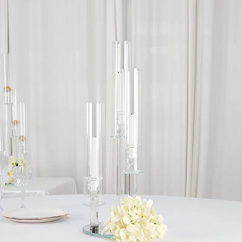 3 Arm Clear Acrylic Candelabra’s w/battery operated candles 