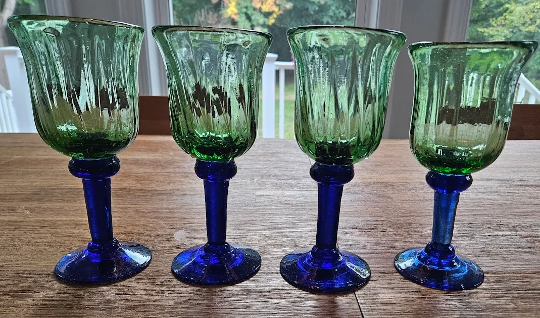 Green Wine Glasses with Blue Stems