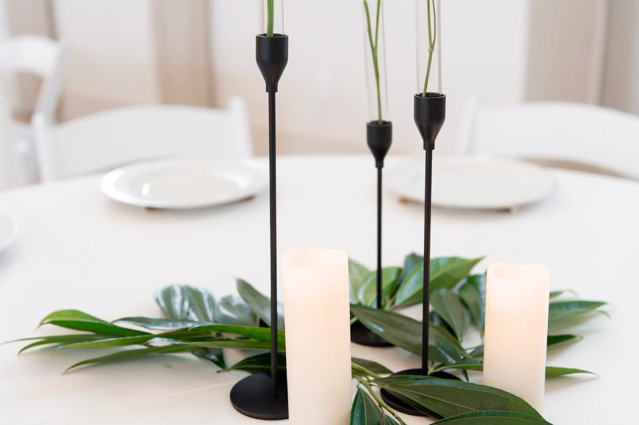 Set of 3 Black Metal Candlestick Holders + Battery Operated Black Candles