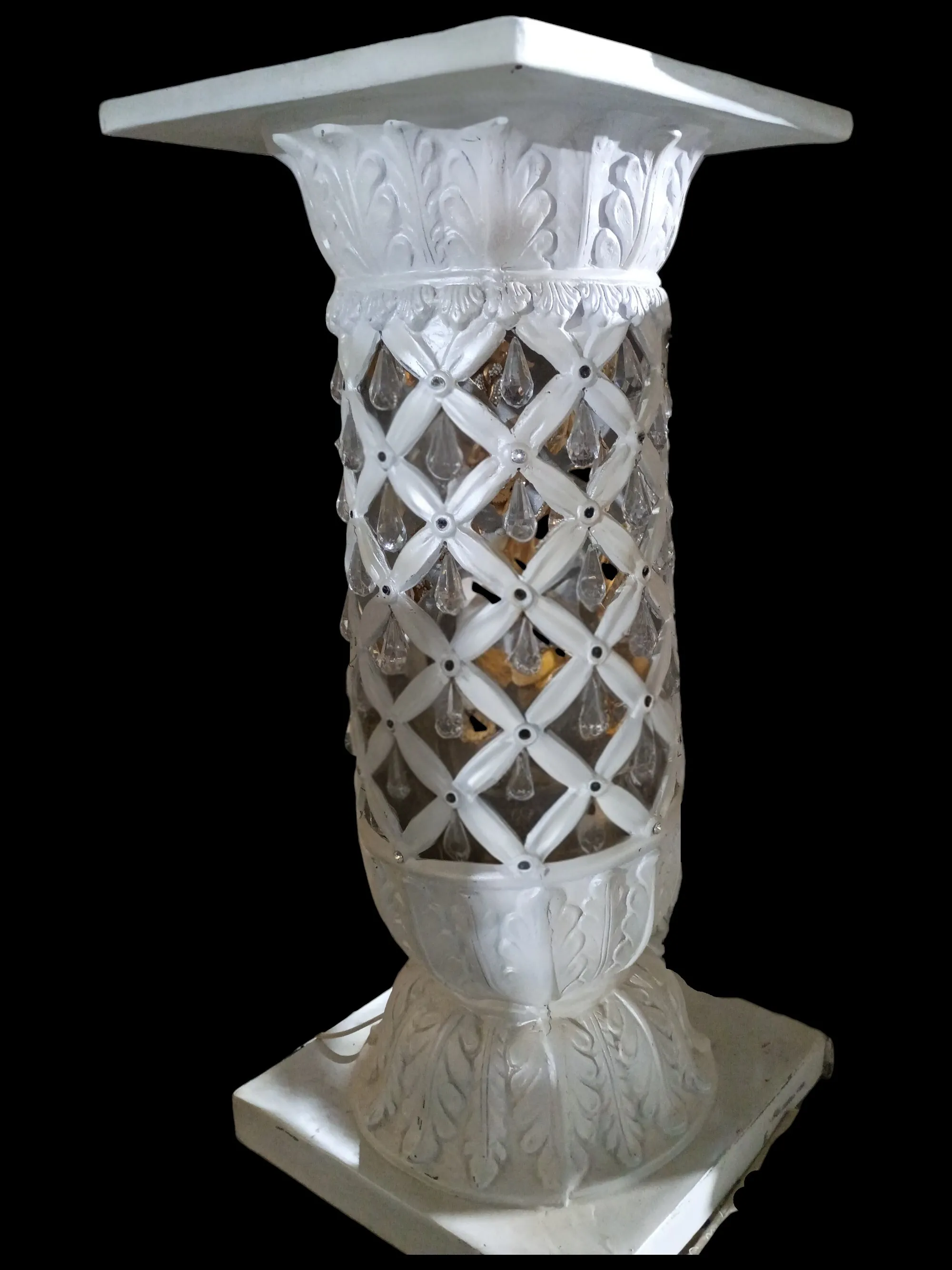 Round White Pedestal with Hanging Crystals