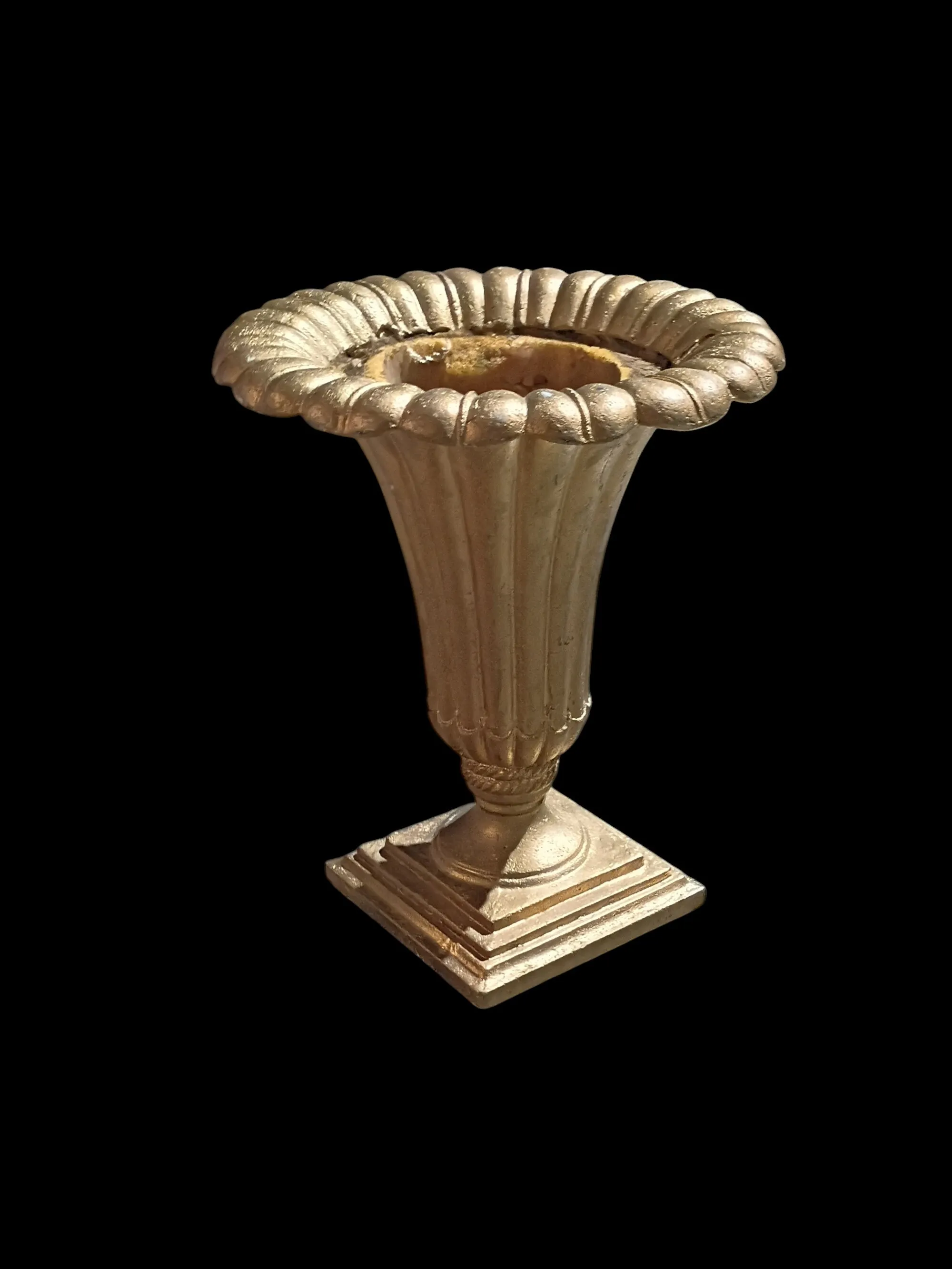 Gold Fluted Pedestal Urn with a Scalloped Rim and a Square Base.
