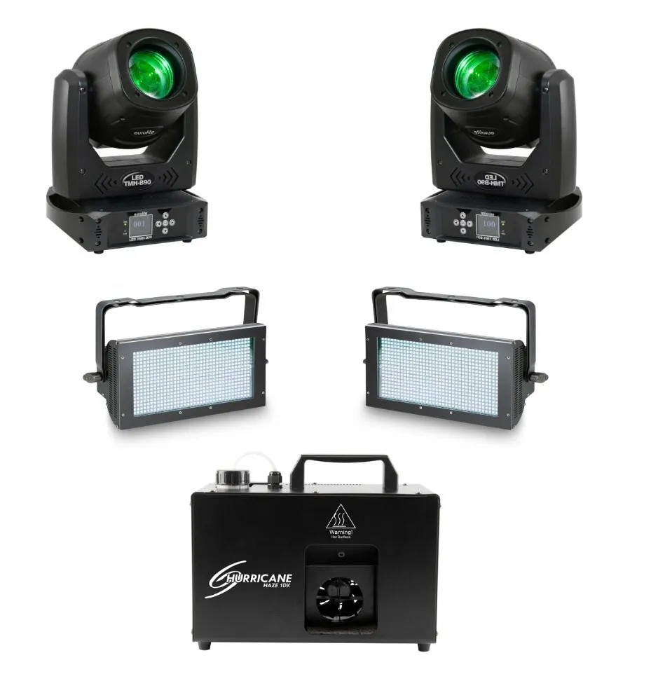 Techno Lichtpaket inkl 2× Beam Moving Heads · 2× Wash/Strobe Blinder · 1× Hazer inkl. Fluid · Lichtständer