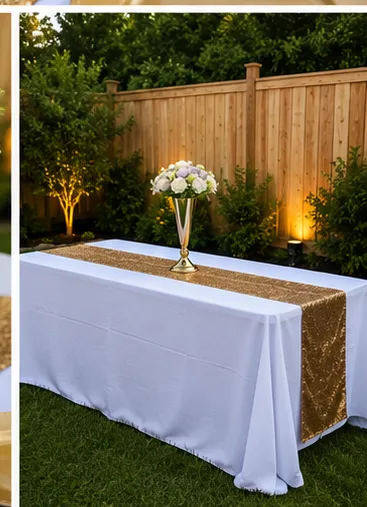 6 ft Rectangular Table with Tablecloth & Runner