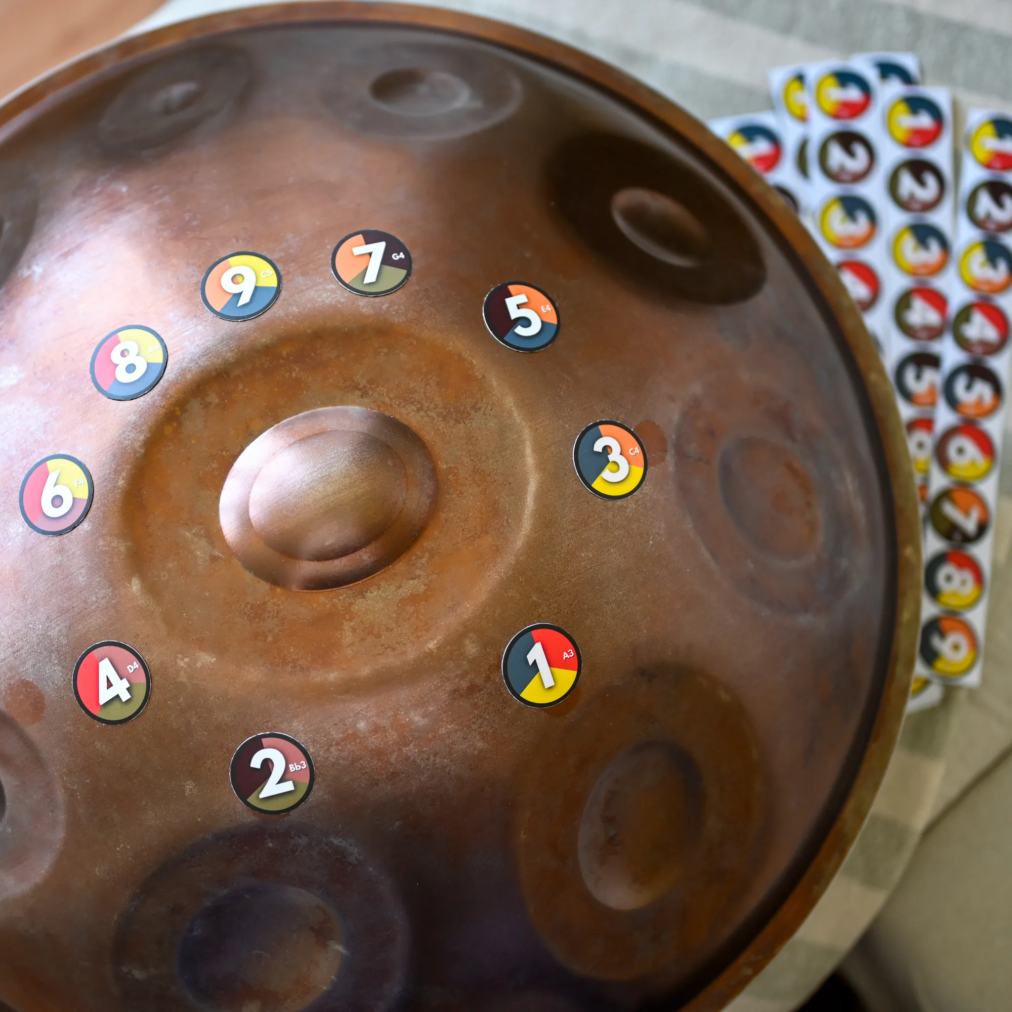 Handpan Harmóniatérkép / mágneses, színkódolt hangjelölő rendszer