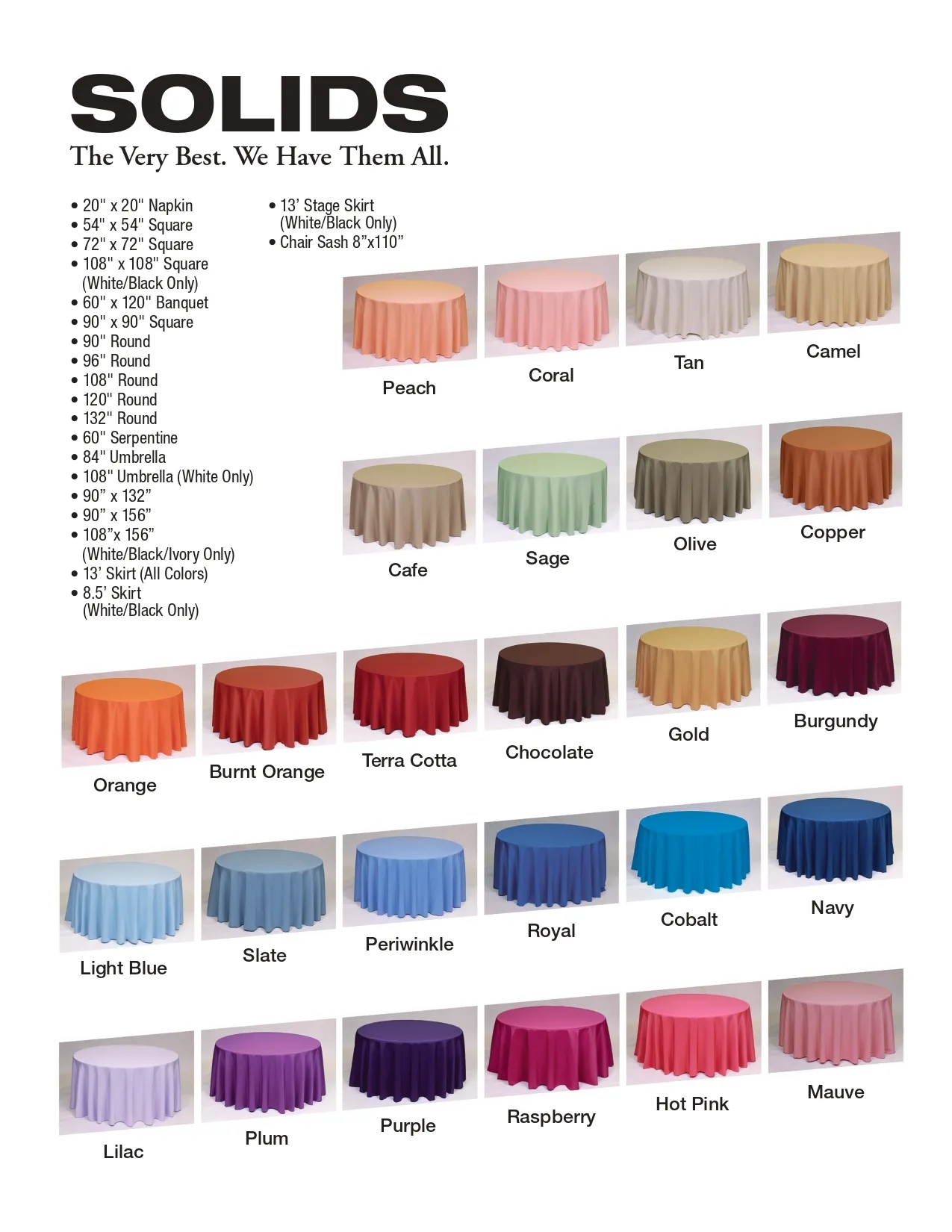 Linens- Polyester Solid- 60" x120" Bqt.