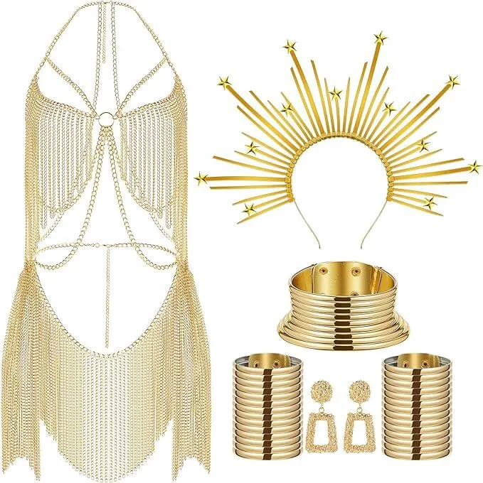 African Gold Body Chain Set Crown Necklace Earrings for Maternity Shoot