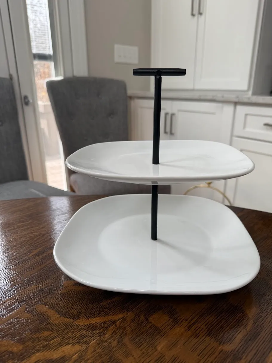 Black Two Tier Stand with two white plates (8.5 and 10").  10" tall.