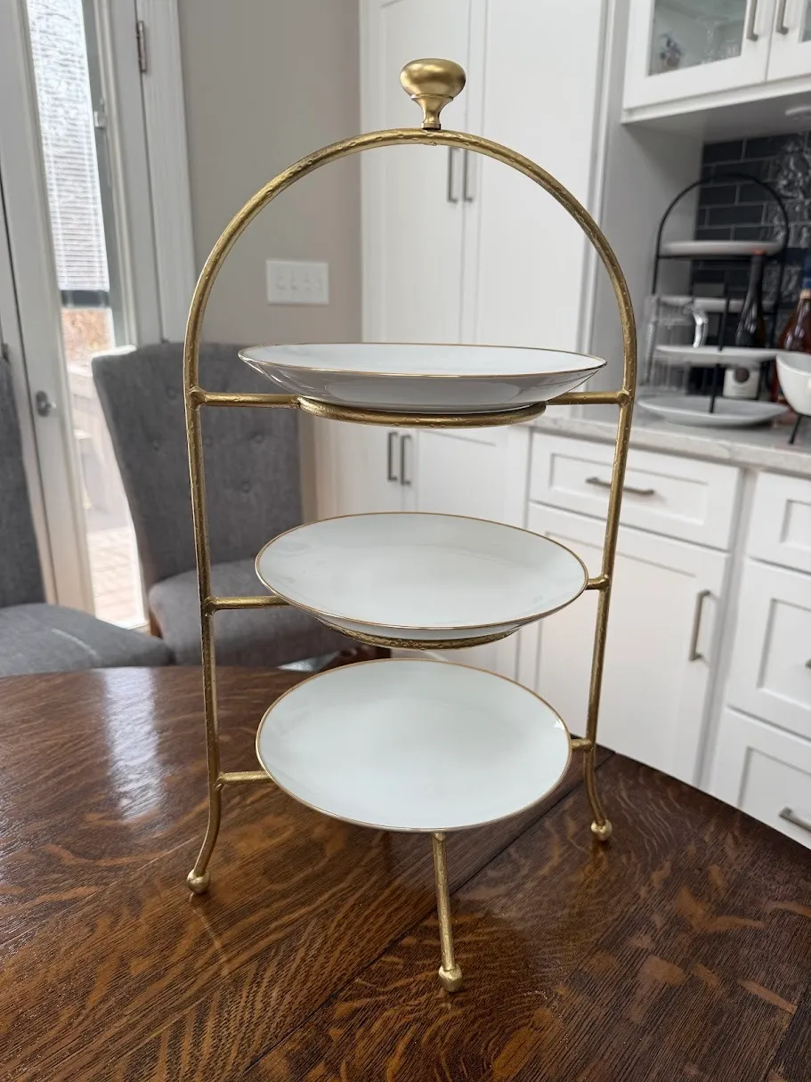 Gold Three Tier Stand - Three Gold Trimmed 8.5" plates.  22" tall.