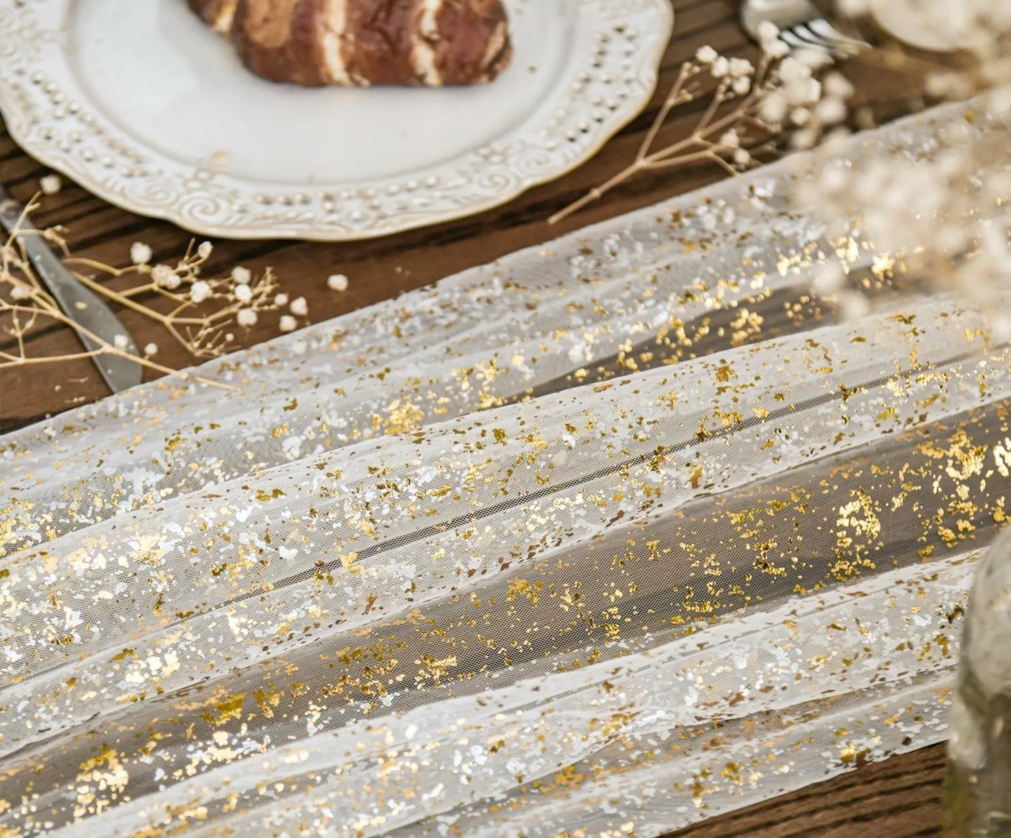 Sheer Ivory with Gold Table Runners