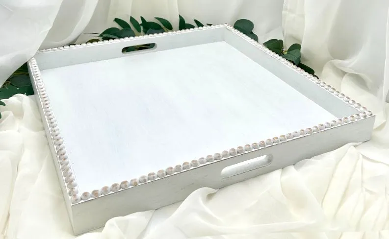 Large White Brushed with Gold Wood Tray