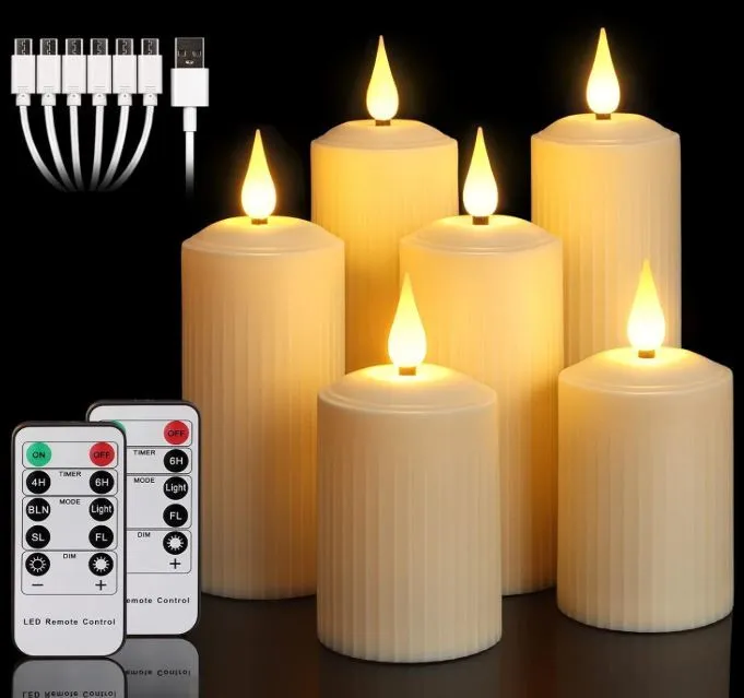 Ivory Ribbed Flameless Rechargeable Candles- Set of 6
