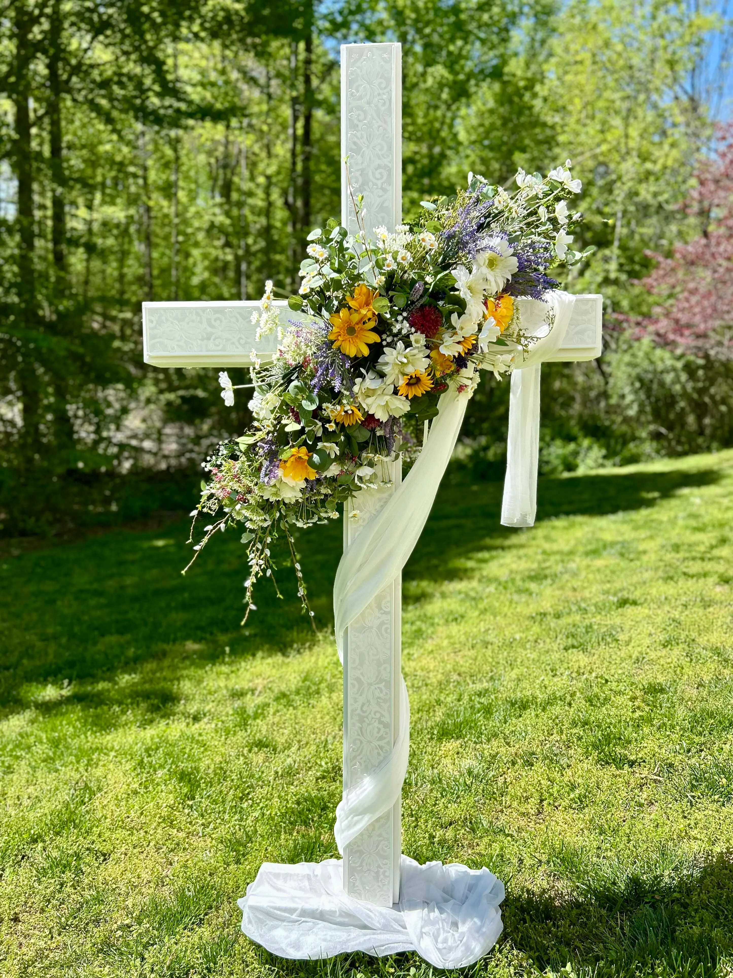 "Adorned" Embossed Cross with Custom Flowers Option