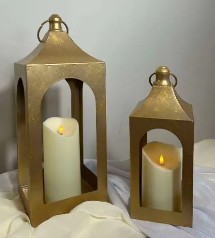 Gold Metal Lanterns with LED Candles - Set of 2