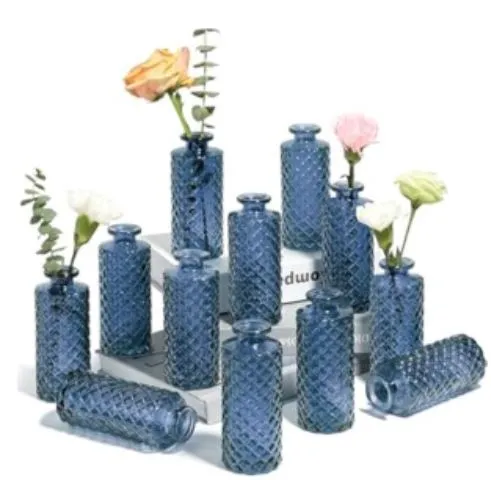 Blue Glass Diamond Bud Vases - Set of 6