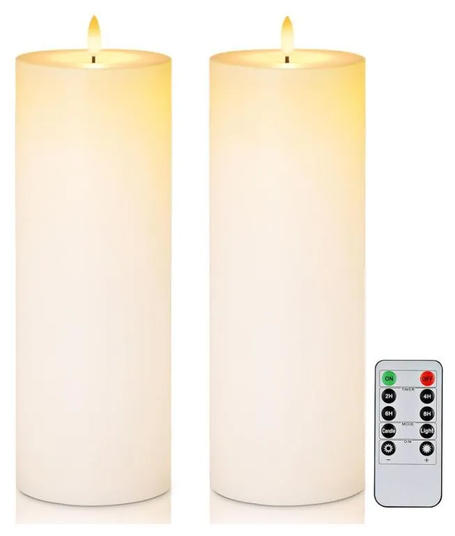 Large White LED Flameless Pillar Candles Set of 2