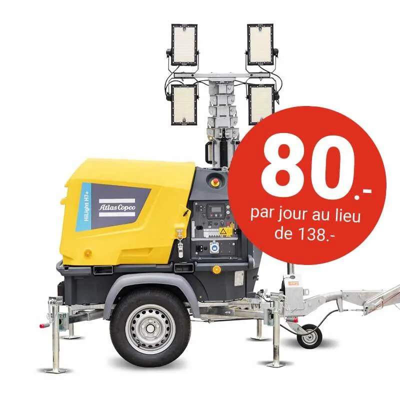 HiLight H7+⚡🍃, Mât d’éclairage à LED mobile Atlas Copco – 7’000 m² – diesel ou 230V – 176 h d’autonomie
